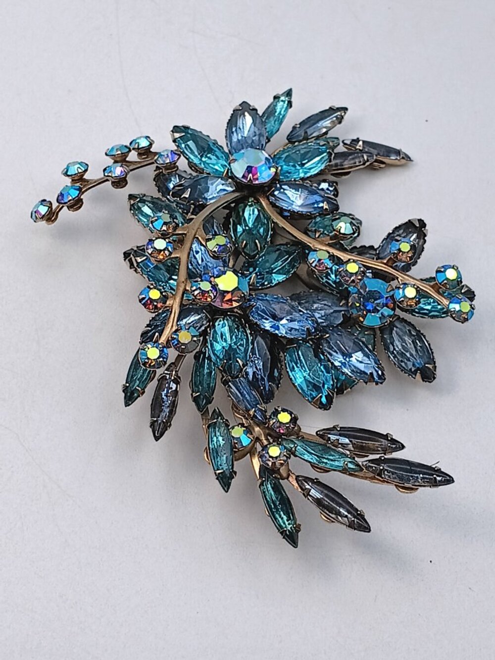 Vintage 1950s Silver Tone Costume Floral Sprig Brooch Blue Rhinestones